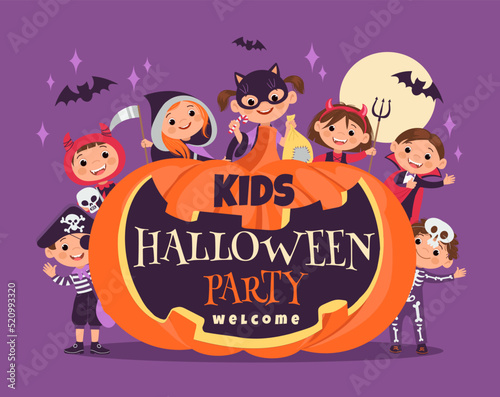 Halloween kids party. October festival poster. Funny boys and girls. Holiday horror costumes. Smiling pumpkin with invitation text. Cute children in monster outfits. Vector welcome banner