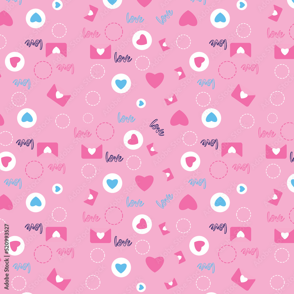 Love pattern texture decoration with letter and love shapes. Decoration minimal pattern design for background and bed sheets. Valentines day pattern texture for wallpaper with a pink background.