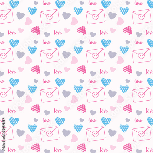 Love letter pattern texture with text effect on a white background. Valentine's day special seamless pattern design with love shapes. Love endless pattern decoration for bed sheets and wallpapers.