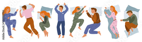 People sleep poses. Sleeping guys and girls. Different slumbering positions top view. Men and women lying in beds. Pajamas and bedding linen. Sweet dreams. Night rest. Garish vector set