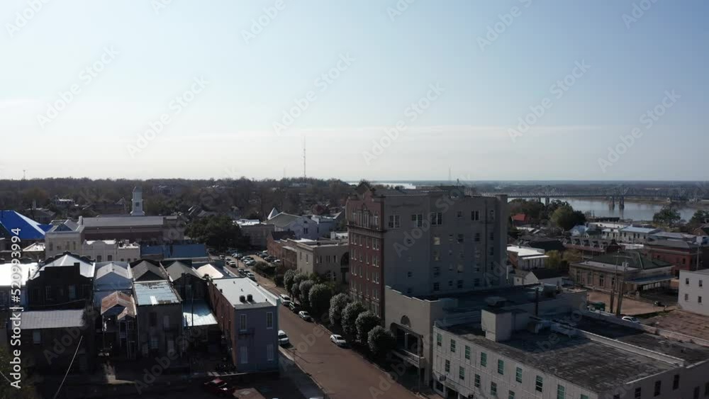 Low aerial shot flying over the historic streets of Natchez, Mississippi. 4K Low aerial shot flying over the historic streets of Natchez, Mississippi. 4K