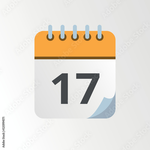 Yellow calendar vector icon with bent tip, specific day schedule flat icon marking day 17.