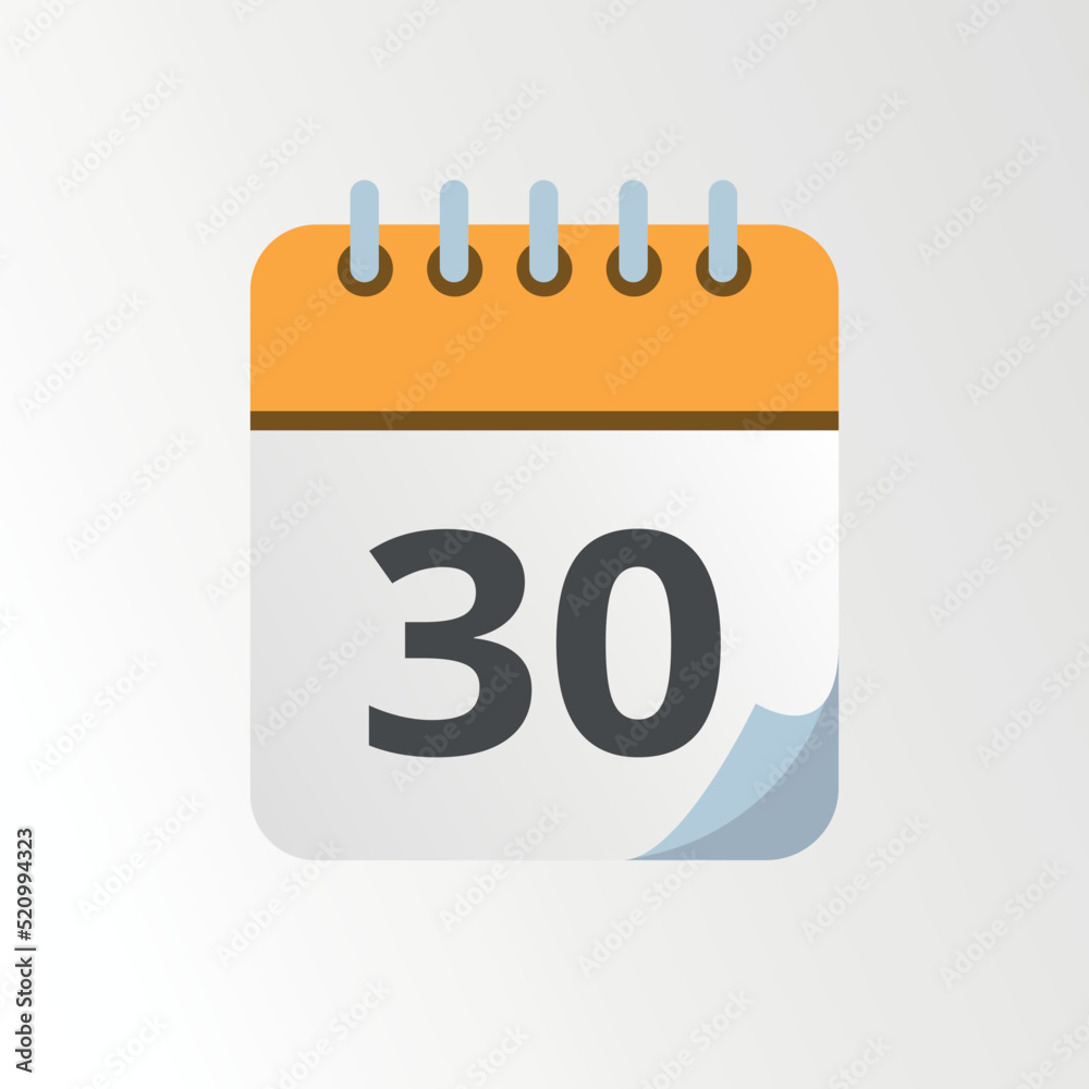 Yellow calendar vector icon with bent tip, specific day schedule flat icon marking day 30. Yellow calendar vector icon with bent tip, specific day schedule flat icon marking day 30.