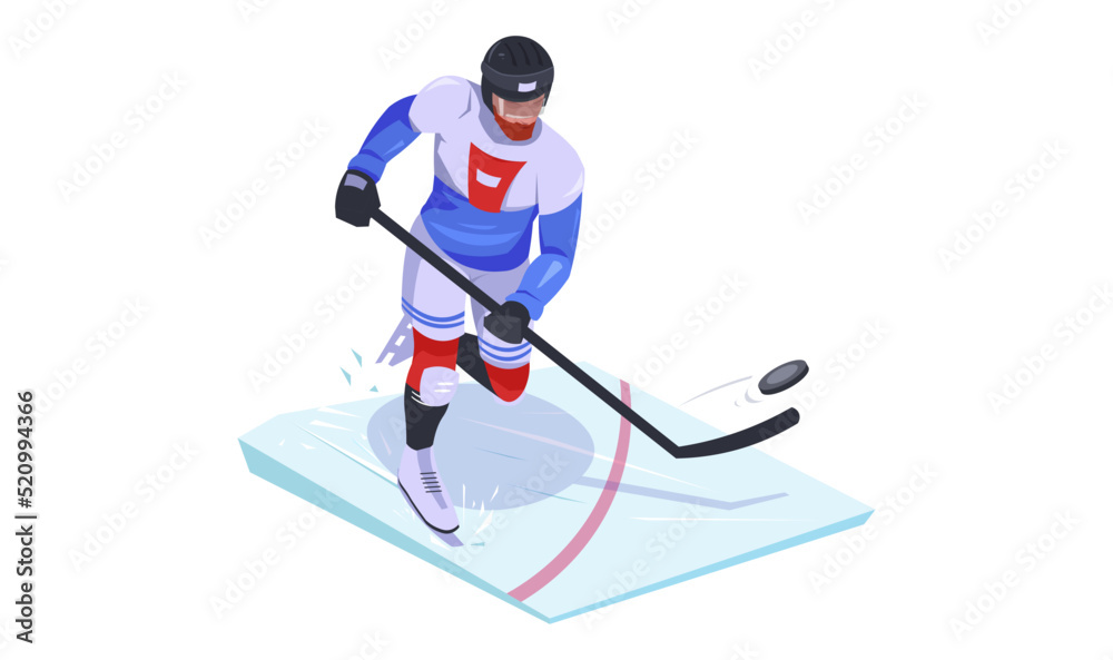 Hockey player in uniform is practicing and exercising to become better sportsman. Concept of game and physical development. Isometric vector illustration