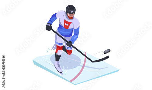 Hockey player in uniform is practicing and exercising to become better sportsman. Concept of game and physical development. Isometric vector illustration