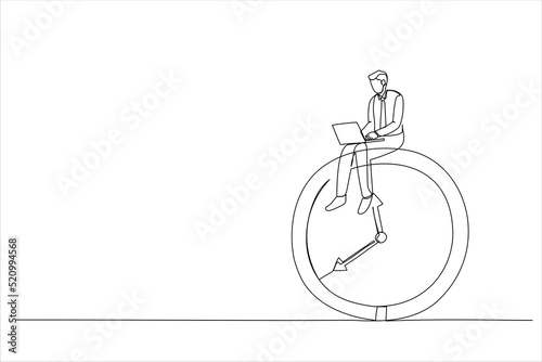 Drawing of businessman using computer laptop sitting on clock working. After hours worker, working late overtime concept. Single continuous line art