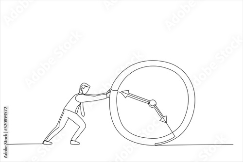 Cartoon of Business Man Push Clock Businessman. Deadline Concept. Continuous line art style