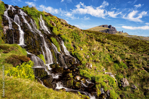 Fairy-tale landscape, Brides Veil Falls and Old Man of Stor, Isle of Skye, Scotland