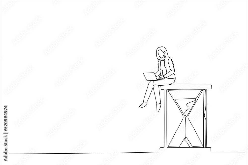 Illustration of businesswoman sitting on the hourglass with laptop legs crossed. Time management and procrastination concept. One line style art Illustration of businesswoman sitting on the hourglass with laptop legs crossed. Time management and procrastination concept. One line style art