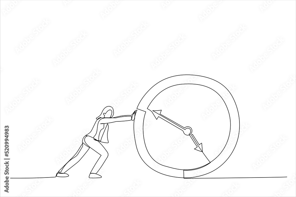 Cartoon of Business woman Push Clock Businessman. Deadline Concept. Continuous line art style