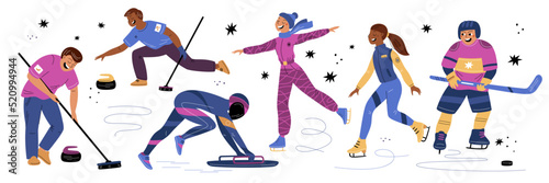 Winter sports games athletes. Cartoon people on ice. Figure skaters. Bobsledders and hockey player in uniform. Professional competition. Man play curling. Garish vector sportsmen set