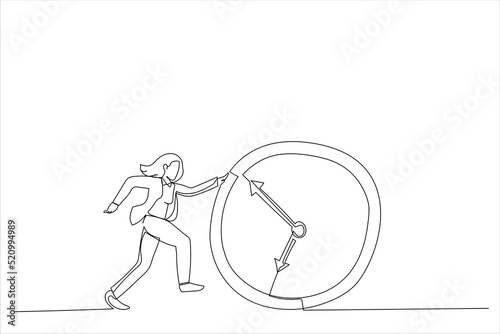 Illustration of Businesswoman Running Behind Running Clock. One continuous line art style