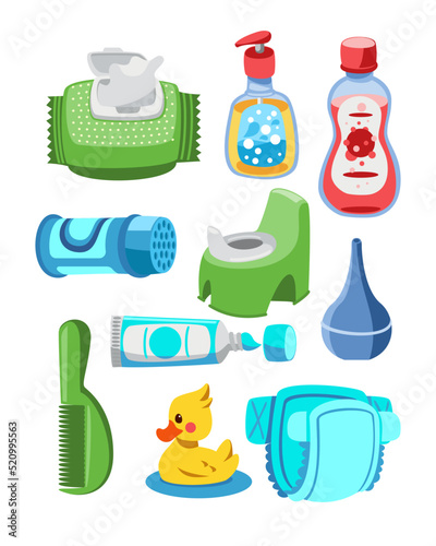 Bath accessories for babies vector illustrations set. Collection of cartoon drawings of diaper, bottles with oil or gel, powder, tooth paste isolated on white background. Baby care, hygiene concept