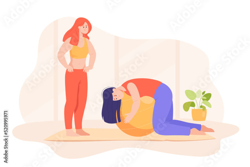 Sad or tired cartoon woman training at gym. Exhausted girl with exercise ball flat vector illustration. Fatigue or weakness, fitness concept for banner, website design or landing web page