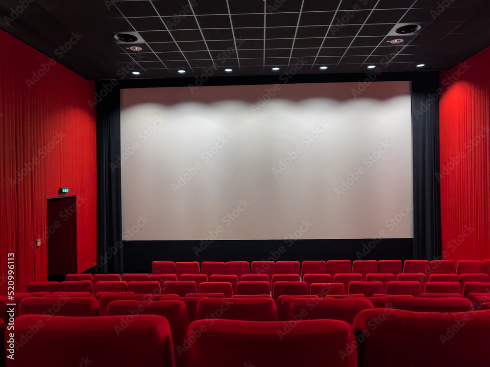 Cinema Screen And Red Seats. Empty Screening Theater Cinema Screen And Red Seats. Empty Screening Theater