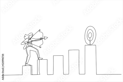 Cartoon of confidence businesswoman aiming his bow arrow to top of high performance target. Business challenge to achieve higher target. Continuous line art