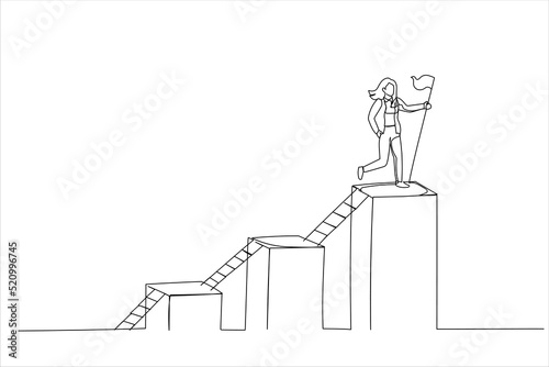 Illustration of businesswoman climb up ladder step by step on graph to achieve goal. Step to grow business, ladder of success. One line style art