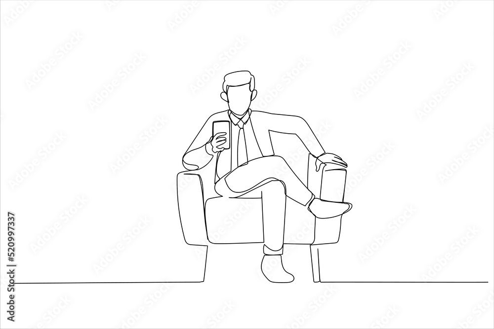 Illustration of man using smartphone advertising new mobile application, texting online sitting in armchair. One line art style