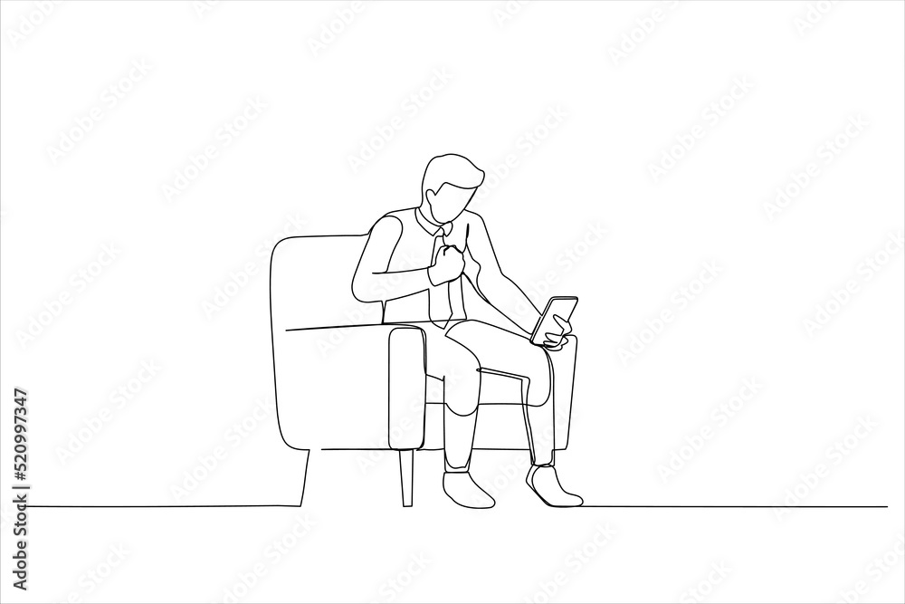 Drawing of young man wearing a suit using his phone feeling excited and rejoices while looking at the phone. Single line art style