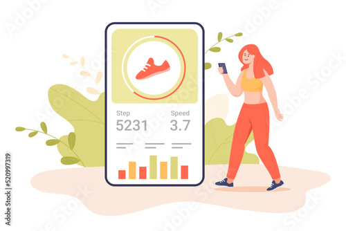 Huge phone and active woman using fitness tracker mobile app. Application for collecting health data, counting steps and calories flat vector illustration. Sports, outdoor activity, technology concept
