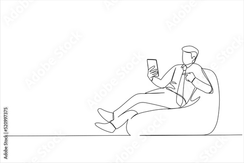 Illustration of young man sit in bag chair hold use pointing index finger on mobile cell phone. One line art style