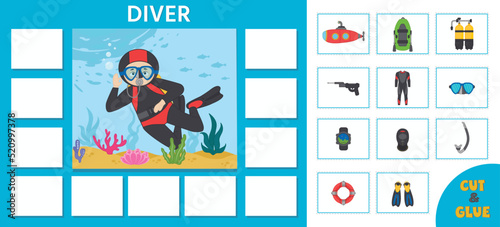 Education game for children. Learning cards. Professions. Choose the right items for the diver. Printable worksheet activity. Vector illustration