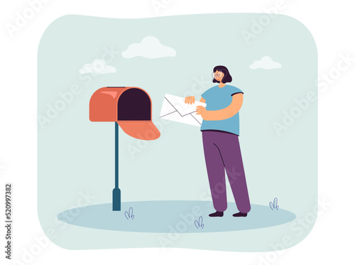 Happy woman sending message via letterbox. Girl putting letter or envelope in mailbox flat vector illustration. Communication, mail concept for banner, website design or landing web page