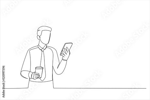 Illustration of businessman using a smart phone outdoor. One line style art