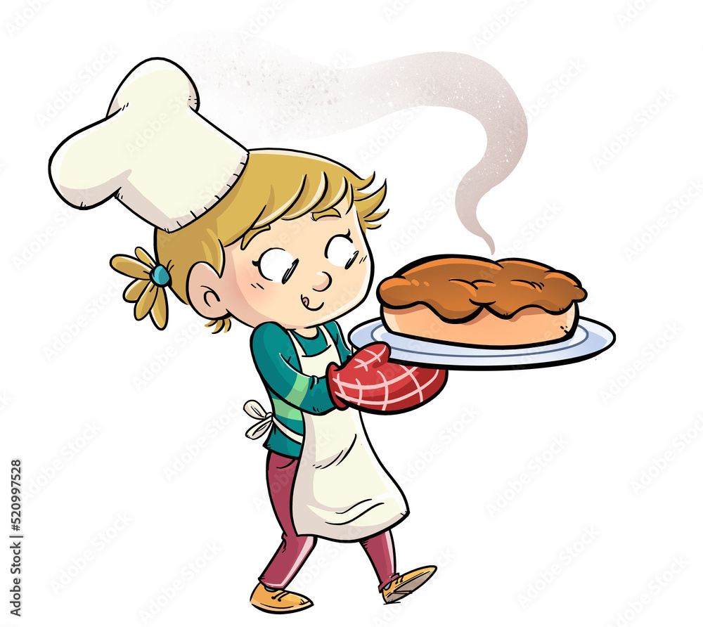 Illustration of little cook girl with cake - obrazy, fototapety, plakaty 