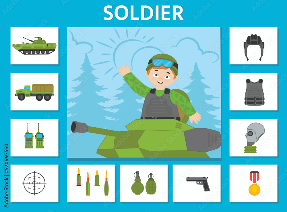 Educational game for kids. Learning cards. Professions. Military