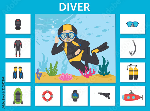 Education game for children. Learning cards. Professions. Choose the right items for the diver. Printable worksheet activity. Vector illustration