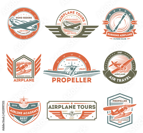 Airplane vintage isolated label set vector illustration. Wind riders show and best pilot symbols. Airplane academy and flying club sign. Air travel and plane tours logo. Propeller aircrafts concept