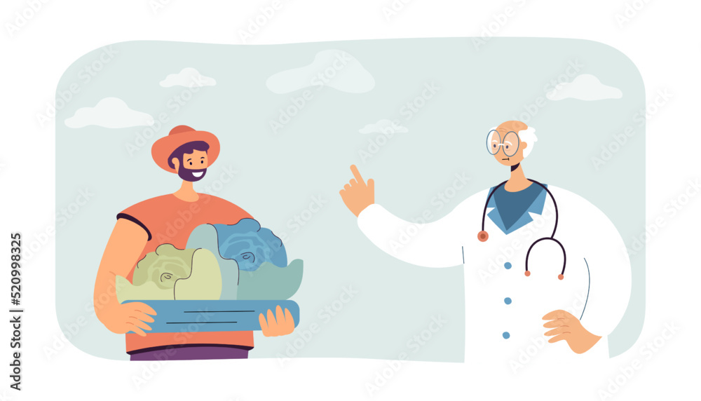 Farmer holding cabbages and doctor giving advice. Medical professional talking to man flat vector illustration. Agriculture, farming, health concept for banner, website design or landing web page