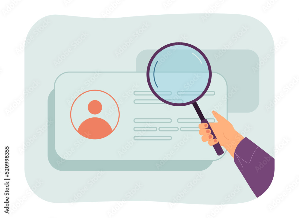 Hand of manager examining ID card of worker under magnifier. Employer or boss checking resume of candidate flat vector illustration. Employment, identity, hiring concept for banner or landing page Hand of manager examining ID card of worker under magnifier. Employer or boss checking resume of candidate flat vector illustration. Employment, identity, hiring concept for banner or landing page