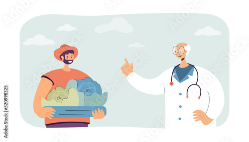 Farmer holding cabbages and doctor giving advice. Medical professional talking to man flat vector illustration. Agriculture, farming, health concept for banner, website design or landing web page