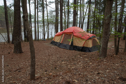Rainfly on a tent near a lake