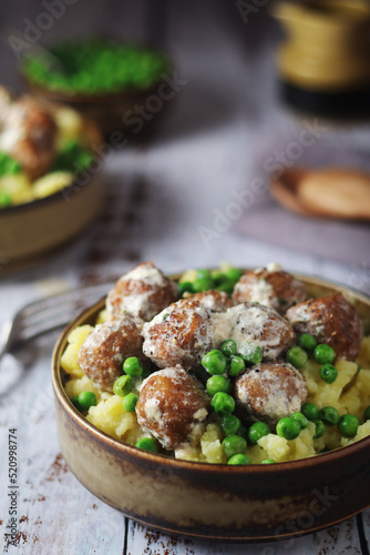 Swedish meatballs with mashed potato side dish - typical dish of Swedish cuisine 
