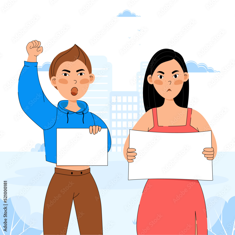 Different people are holding placards, Vector illustration of people holding signs, banner and placards on a protest demonstration or picket. People against violence, pollution, discrimination, human Different people are holding placards, Vector illustration of people holding signs, banner and placards on a protest demonstration or picket. People against violence, pollution, discrimination, human
