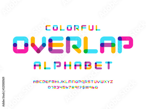 Overlay colors alphabet design with uppercase, numbers and symbols