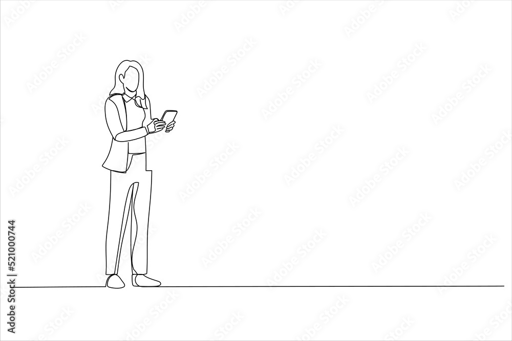 Cartoon of businesswoman typing on a mobile phone. Continuous line art Cartoon of businesswoman typing on a mobile phone. Continuous line art