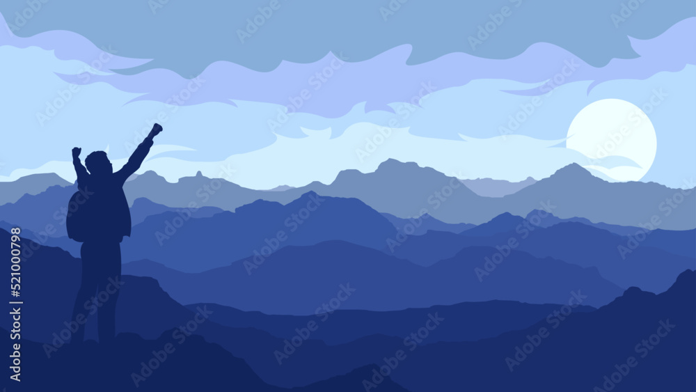 Mountains landscape with high peaks, Happy man freedom in nature successful concept