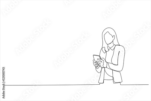 Drawing of business woman using cell phone. Having Conversation, typing sms or presenting. Single line art style