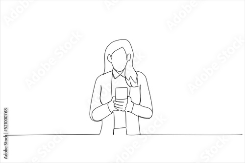Drawing of young woman using his phone while standing. Single continuous line art
