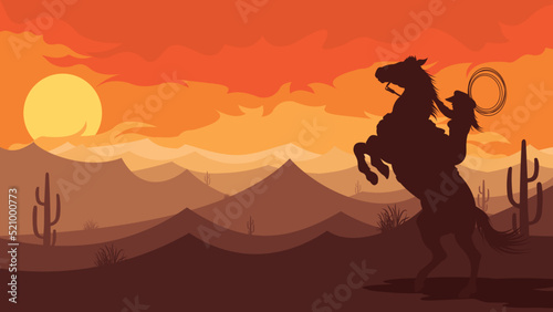 Flat western background  landscape cowboys in desert horse and girl silhouette