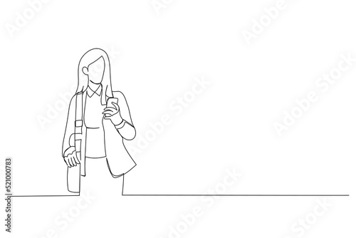 Cartoon of young businesswoman looking at messages on cellphone while walking in the street in downtown. Continuous line art style
