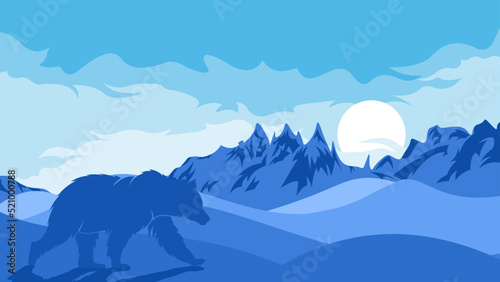 Hand drawn flat winter landscape illustration, iceberg and polar bear silhouette wallpaper