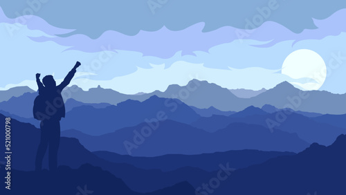 Mountains landscape with high peaks  Happy man freedom in nature successful concept