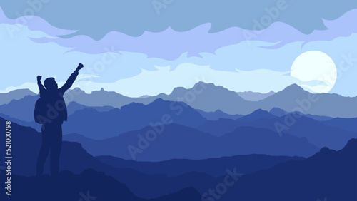 Mountains landscape with high peaks, Happy man freedom in nature successful concept