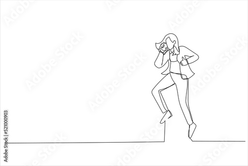 Cartoon of young business woman in the office. Continuous line art style