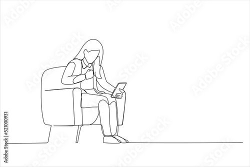 Drawing of young business woman wearing a suit using his phone feeling excited and rejoices while looking at the phone. Single line art style